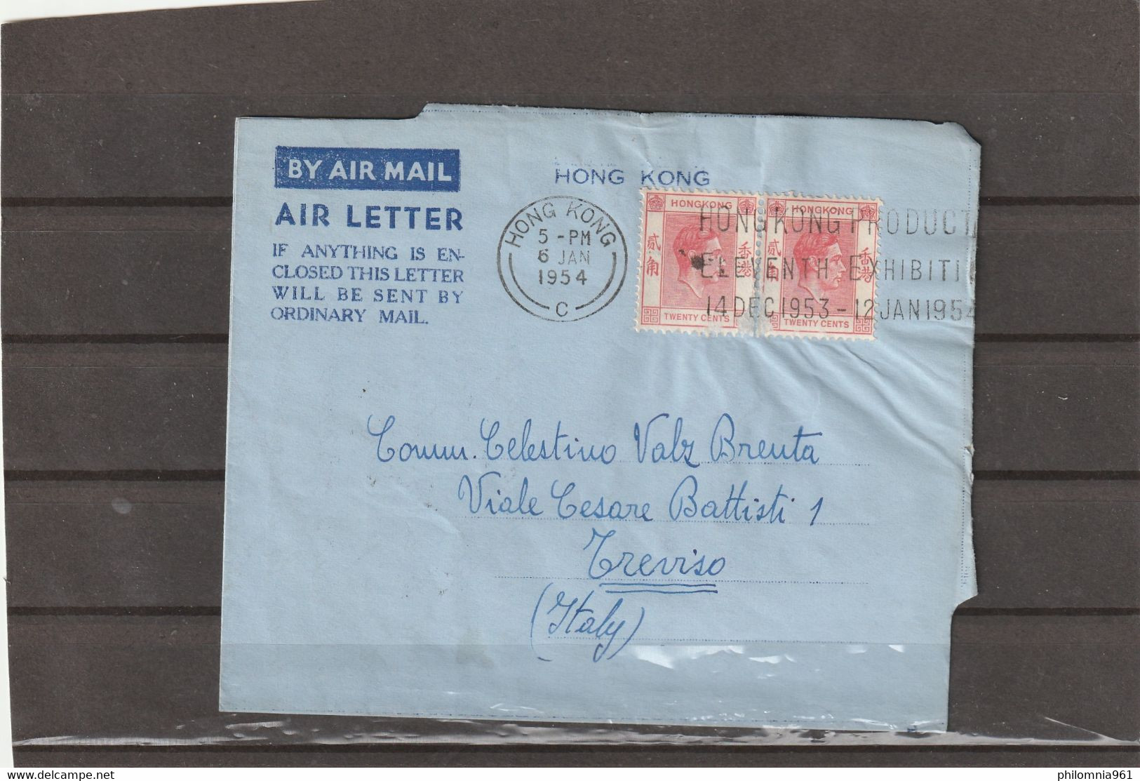 Hong Kong AEROGRAMME TO Italy 1954 - Lettres & Documents