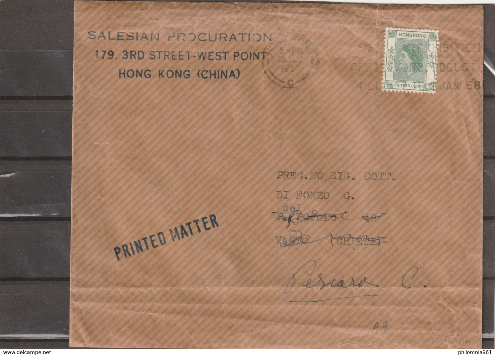 Hong Kong PRINTED MATTER TO Italy 1958 - Cartas & Documentos