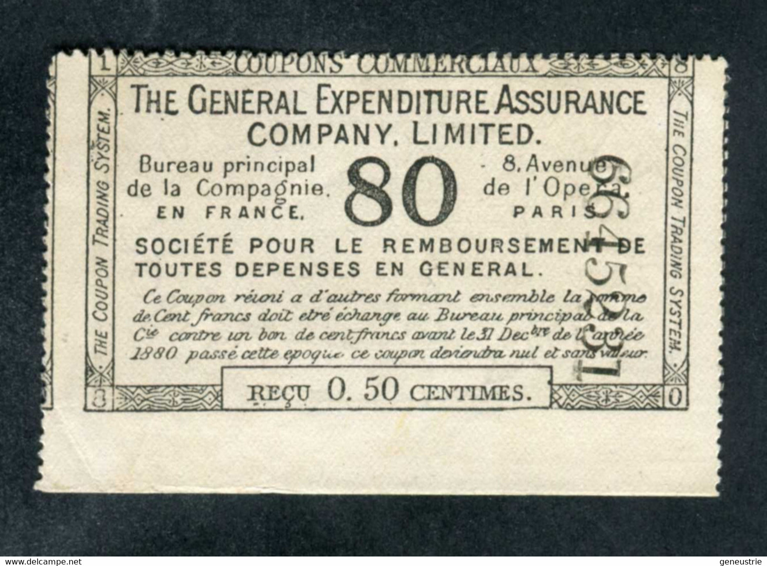 Jeton-papier De Nécessité 1880 "Reçu De 0.50 Centimes - The General Expenditure Assurance Company - Paris" - Monétaires / De Nécessité