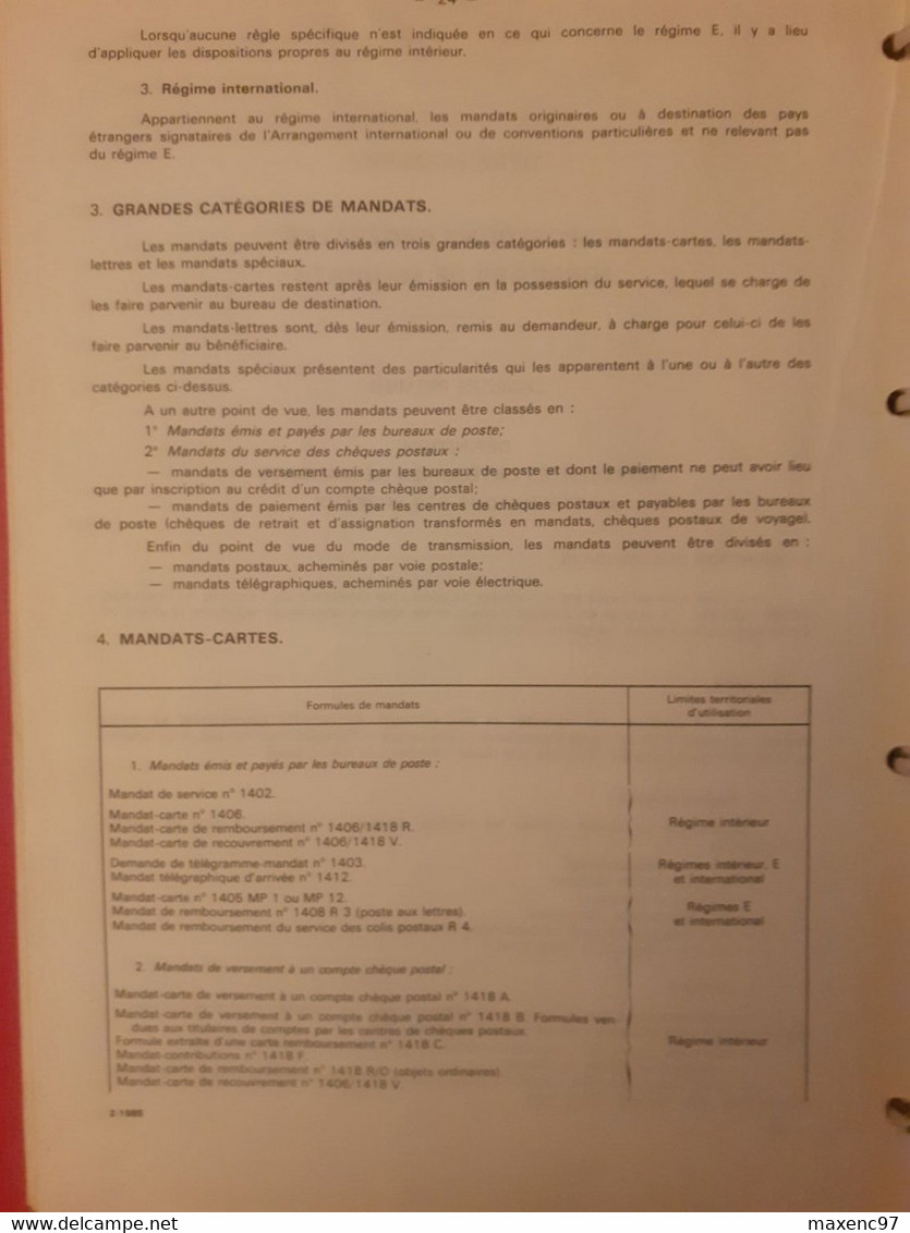 Instruction Générale Des Ptt La Poste 1980 Sur Les Mandats Fascicule VII - Postal Administrations