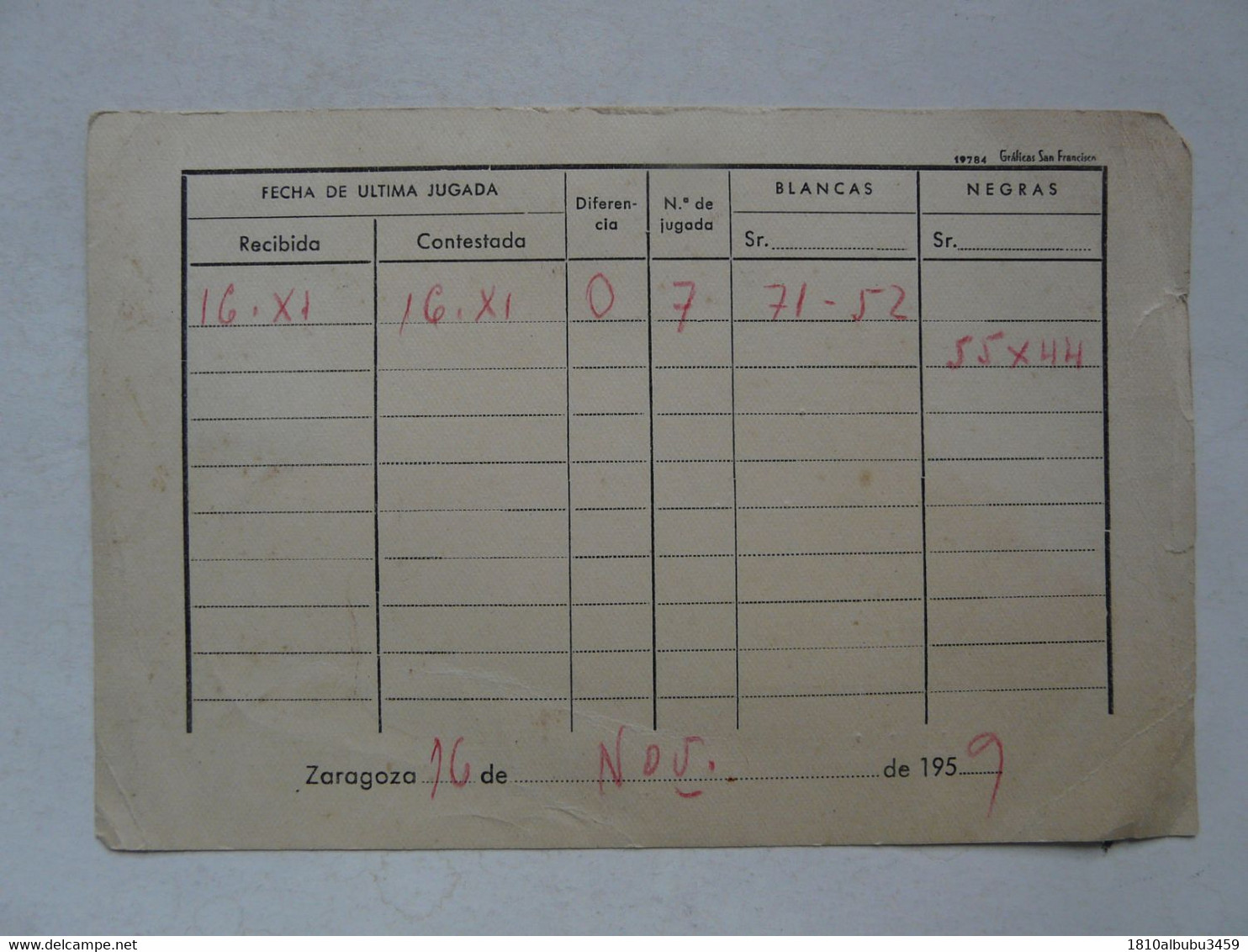 VIEUX PAPIERS - BON DE COMANDE . ZARAGOZA - FECHA DE ULTIMA JUGADA 1959 - Espagne