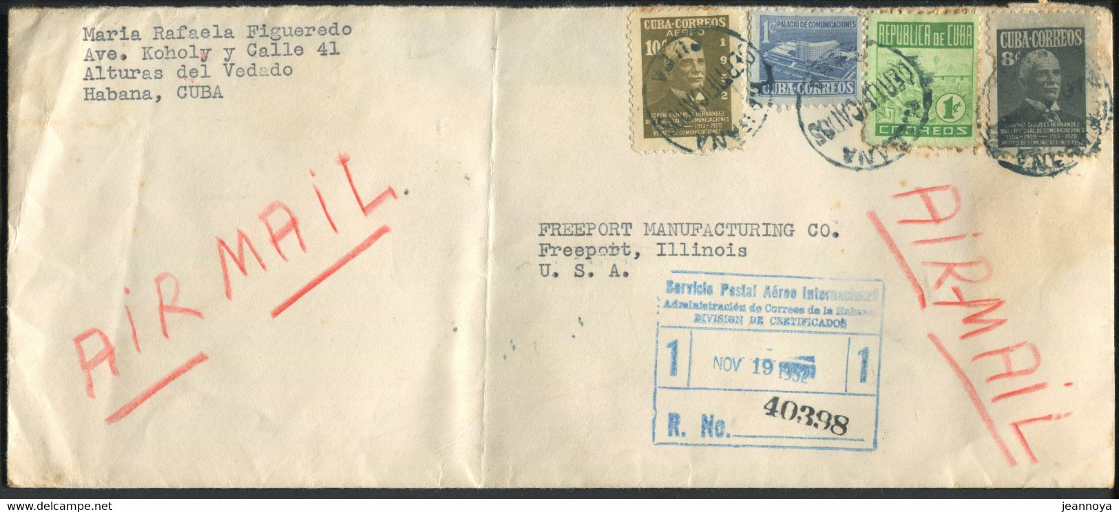 SOUDAN - N° 330A + 353 + 370 + PA 64 / LR AVION DE LA HAVANE LE 19/11/1952 POUR USA - TB - Lettres & Documents