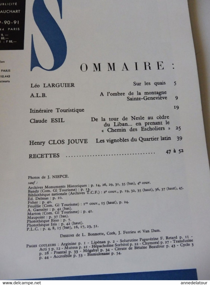 PARIS 1975 LA FRANCE À  TABLE :Vignes Du Quartier Latin;Maison Des Oubliettes;Chemin Des Escholiers;Recettes Cuisine;Etc - Tourism & Regions