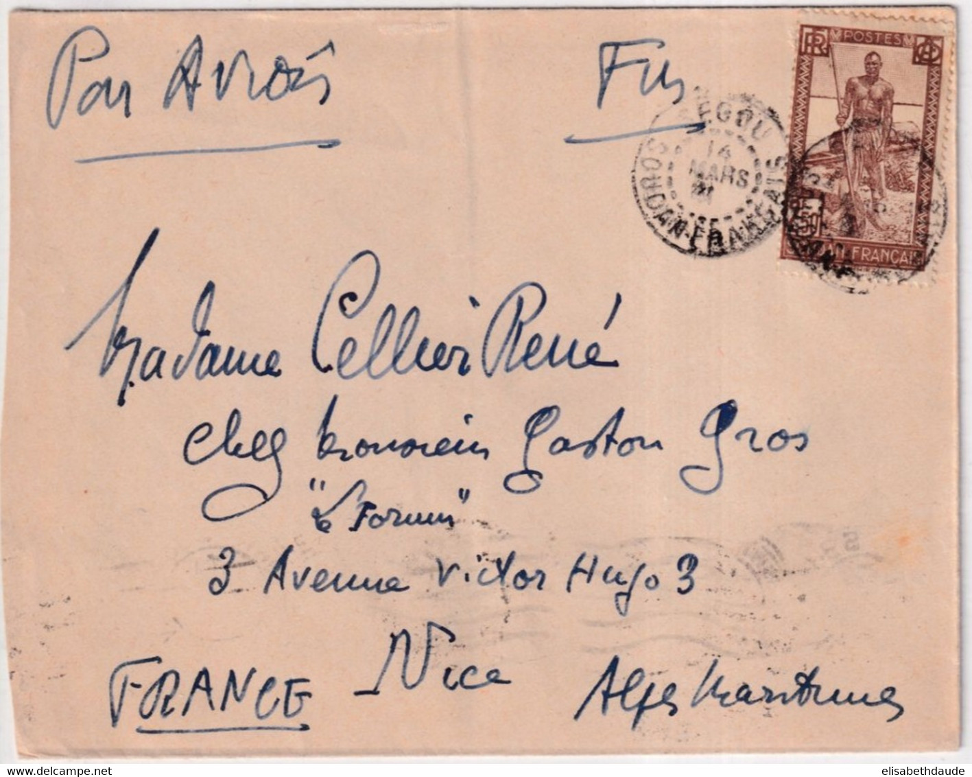 SOUDAN - 1941 - ENVELOPPE Par AVION De SEGOU ! => NICE - Lettres & Documents