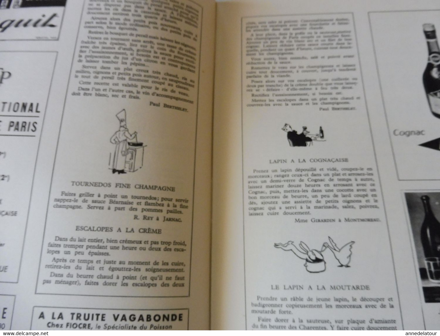 COGNAC 1959  LA FRANCE À  TABLE : Gasronomie; Les recettes culinaires au cognac ; Châtres ; Etc
