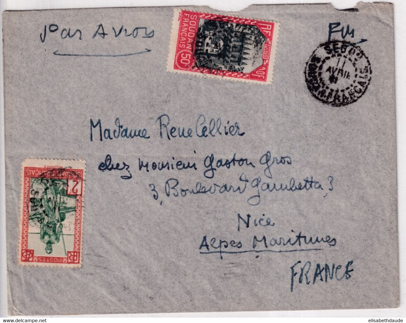 SOUDAN - 1941 - ENVELOPPE FM Par AVION De SEGOU ! => NICE - Lettres & Documents