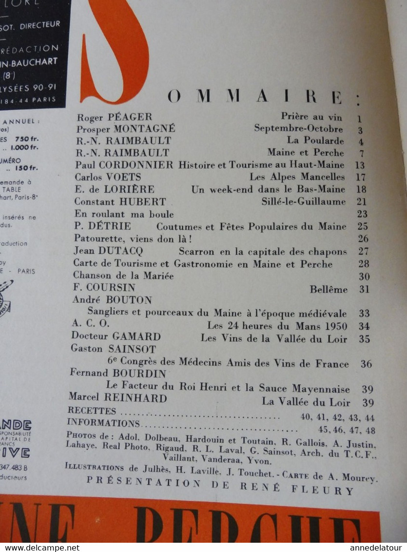 MAINE Et PERCHE 1950 LA FRANCE À TABLE : Moulin-l'Evêque:La Flêche;Yvré-l'Evêque; St-Ceneri-le-Gerei; Mortagne;Sillé;Etc - Tourismus Und Gegenden