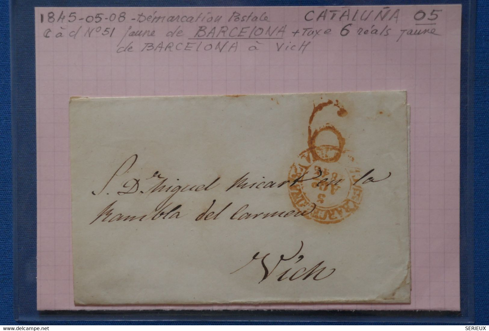 AA12 ESPAGNE BELLE   LETTRE  1840  CATALUNA  BARCELONA  POUR VICHS + TAXE 6 + AFFR. PLAISANT - ...-1850 Prefilatelia