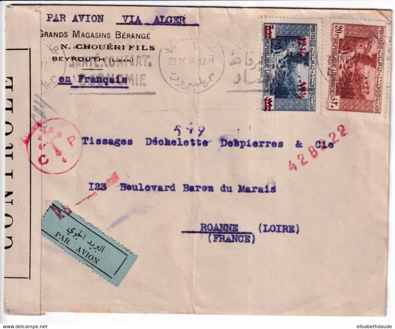 LIBAN - 1944 - ENVELOPPE Par AVION Avec CENSURE FRANCE LIBRE De BEYROUTH => ROANNE (LOIRE) - Libanon