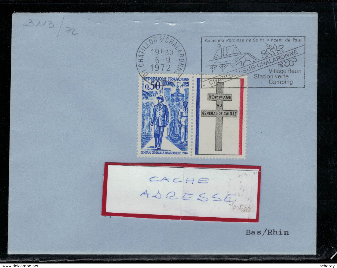 YT 1696  SSL FR AVEC VIGNETTE CROIX DE LORRAINE OBL FL CHATILLON S/CHALARONNE 6/9/72 - 1961-....