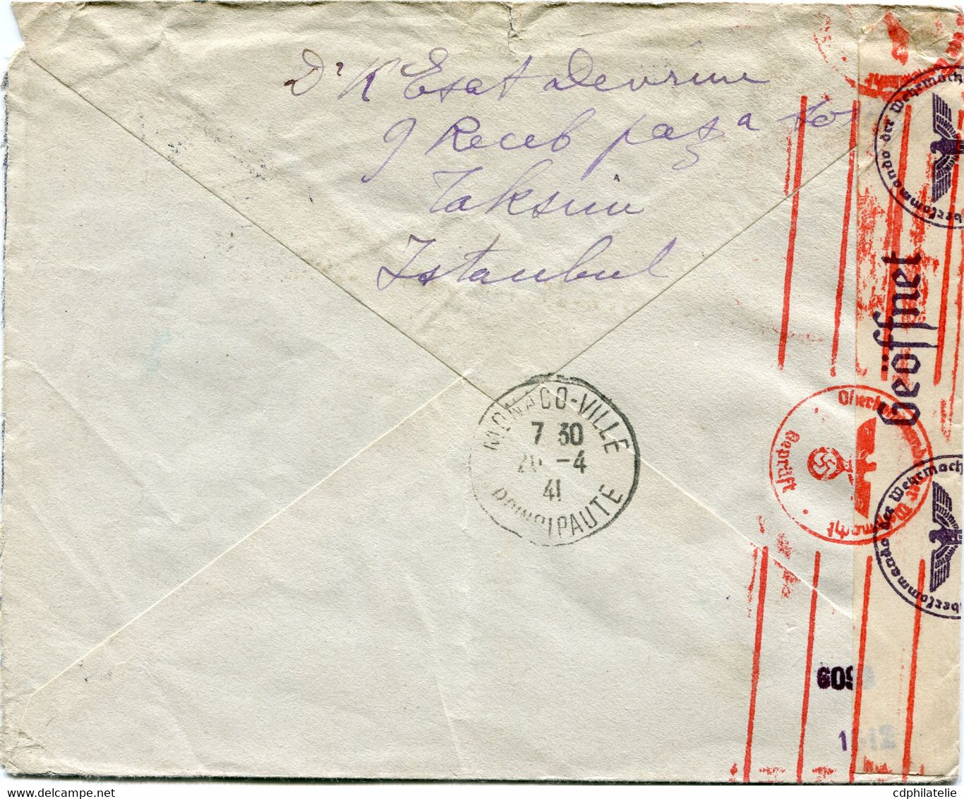 TURQUIE LETTRE CENSUREE DEPART ISTAMBUL 2-4-1941 POUR MONACO - Lettres & Documents