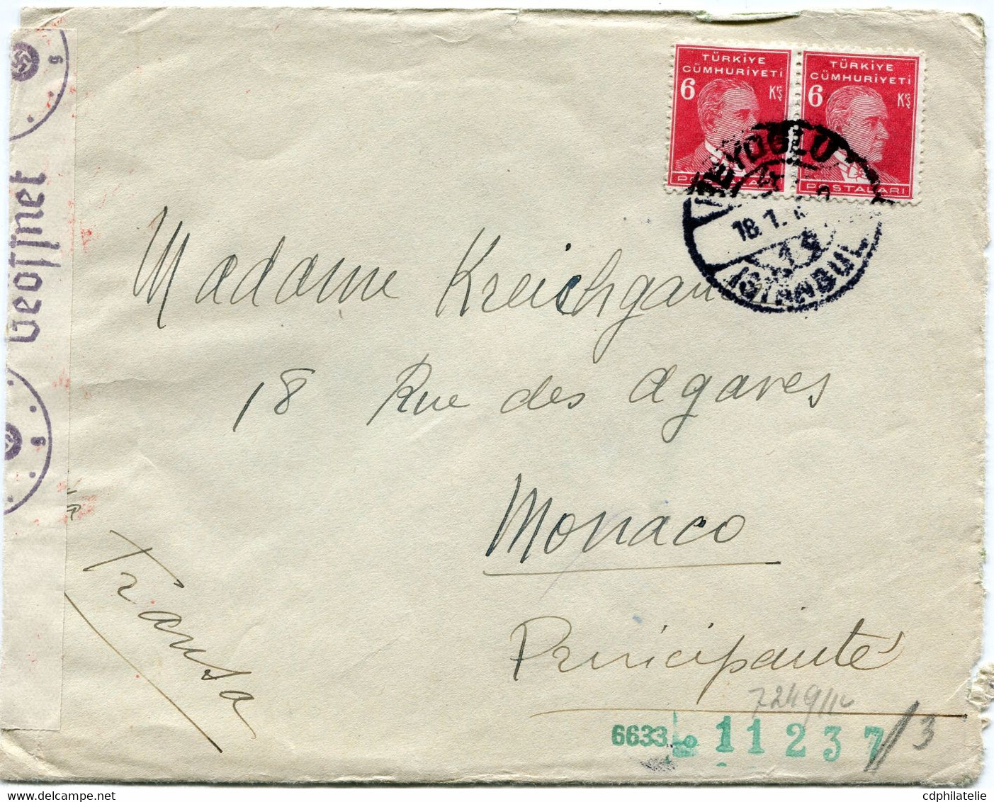 TURQUIE LETTRE CENSUREE DEPART ISTAMBUL 18-1-1942 POUR MONACO - Covers & Documents