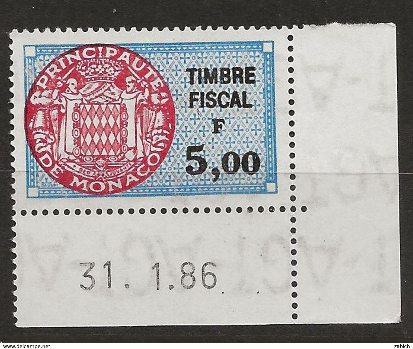 TIMBRES FISCAUX DE MONACO SERIE UNIFIEE N°79  5F Bleu, Rouge Et Noir   Cion Daté Du 31 1 86 Neuf Gomme Mnh (**) - Fiscale Zegels