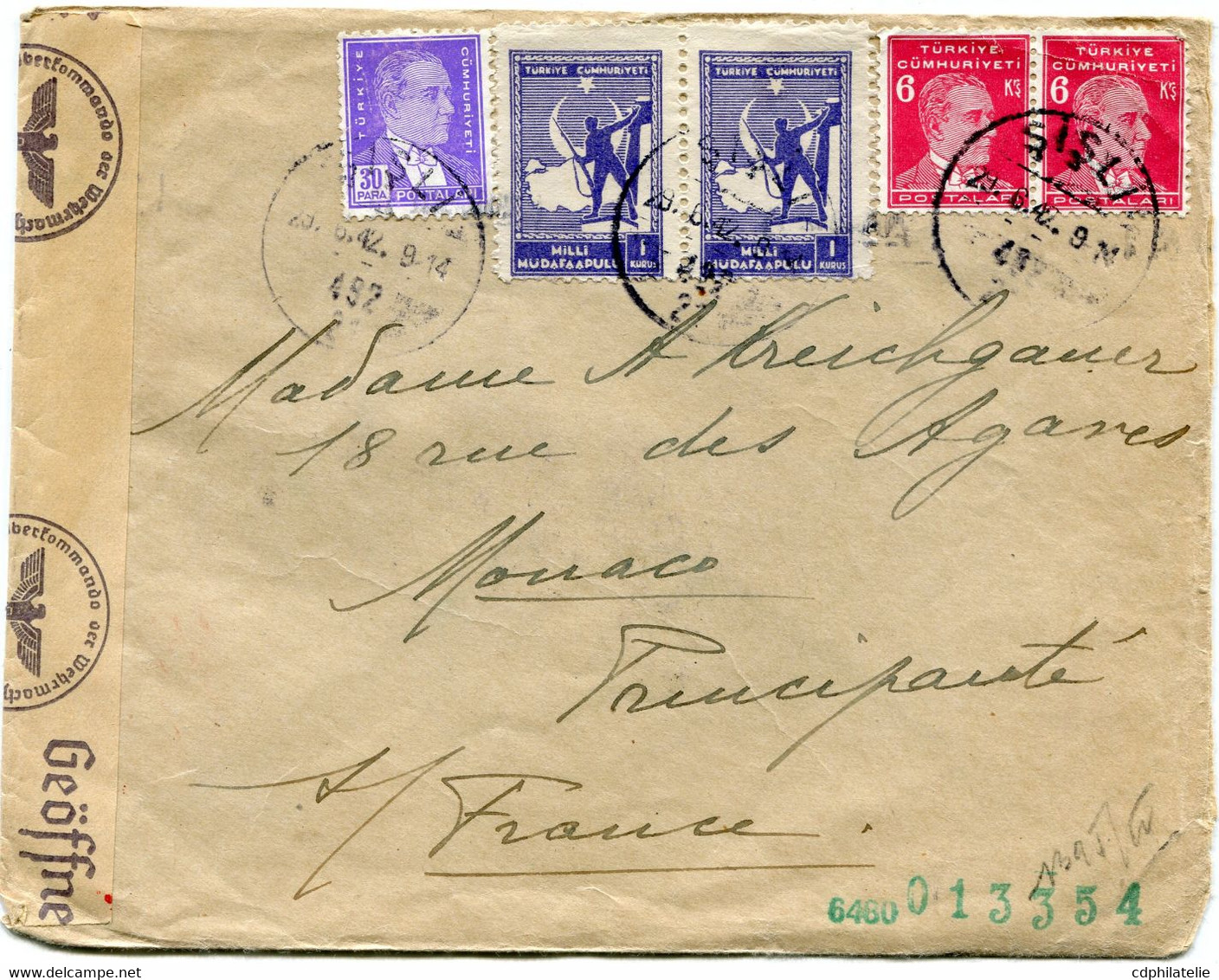 TURQUIE LETTRE CENSUREE DEPART SILSI 29-6-1942 POUR MONACO - Brieven En Documenten