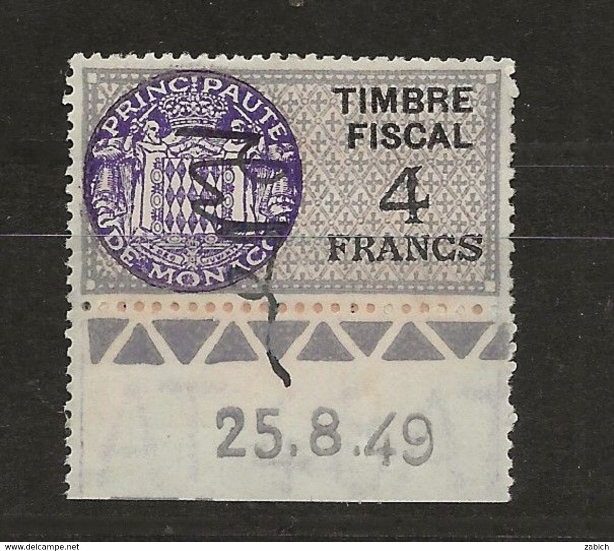 TIMBRES FISCAUX DE MONACO SERIE UNIFIEE N°82  4F Violet, Lilas Et Noir   Coin Daté Du 25 8 49 Oblitéré - Revenue