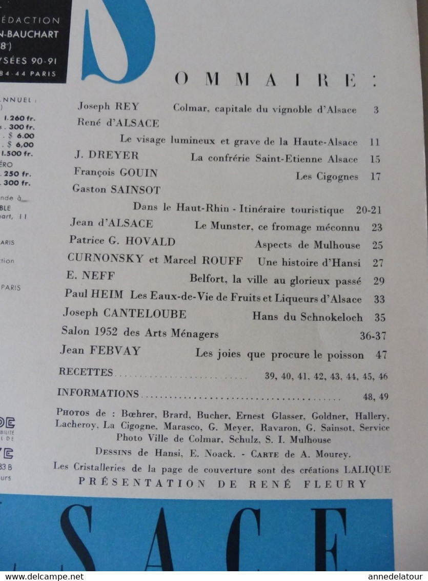 ALSACE 1952 LA FRANCE À TABLE: Hansi, Belfort,Colmar, Ribeauville, Vieil-Armand, Riquewihr, Than,Recettes Culinaires;Etc - Tourisme & Régions