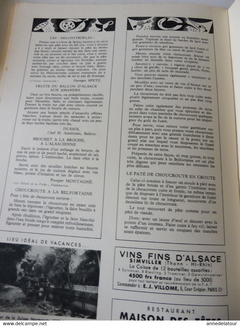 ALSACE 1952 LA FRANCE À TABLE: Hansi, Belfort,Colmar, Ribeauville, Vieil-Armand, Riquewihr, Than,Recettes culinaires;Etc