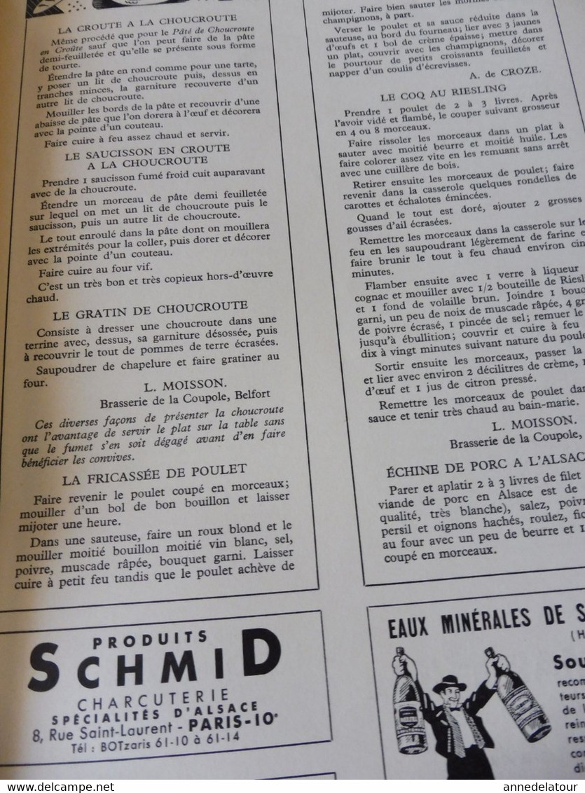 ALSACE 1952 LA FRANCE À TABLE: Hansi, Belfort,Colmar, Ribeauville, Vieil-Armand, Riquewihr, Than,Recettes culinaires;Etc