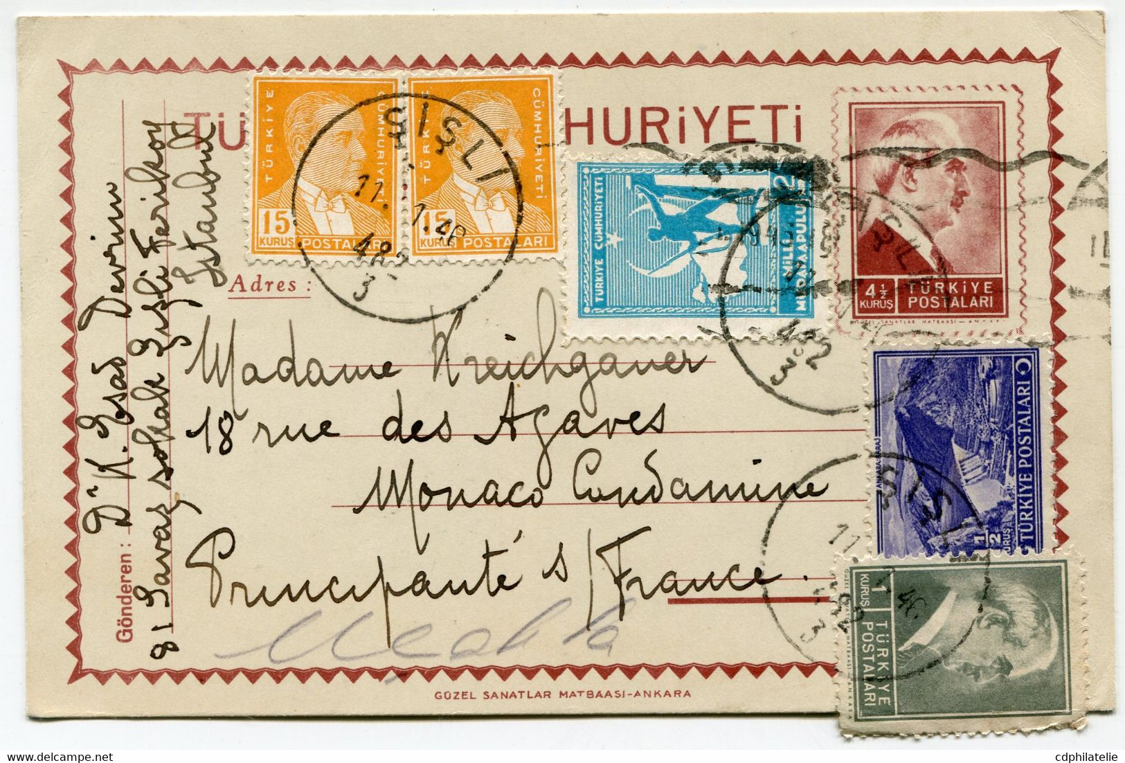 TURQUIE ENTIER POSTAL AVEC AFFRANCHISSEMENT COMPLEMENTAIRE DEPART SILSI 11-?-1946 POUR MONACO - Briefe U. Dokumente