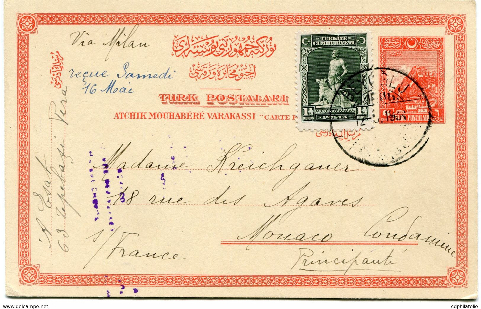 TURQUIE ENTIER POSTAL AVEC AFFRANCHISSEMENT COMPLEMENTAIRE DEPART ISTAMBUL 12-5-193? POUR MONACO - Lettres & Documents