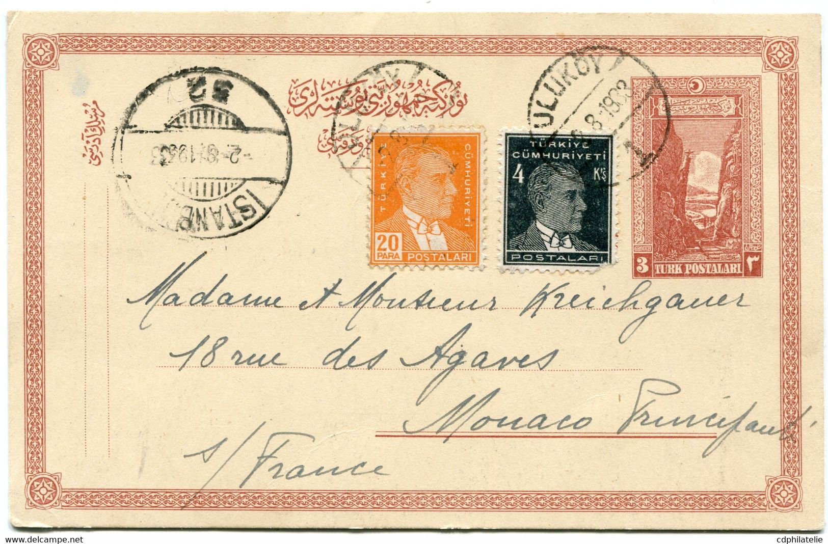 TURQUIE ENTIER POSTAL AVEC AFFRANCHISSEMENT COMPLEMENTAIRE DEPART ULUKOY 2-8-1933 POUR MONACO - Lettres & Documents