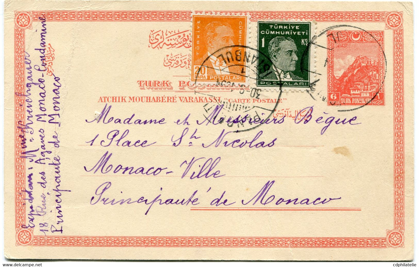 TURQUIE ENTIER POSTAL AVEC AFFRANCHISSEMENT COMPLEMENTAIRE DEPART ISTAMBUL 30-9-1934 POUR MONACO - Covers & Documents