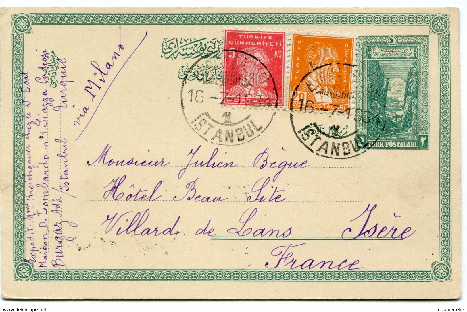 TURQUIE ENTIER POSTAL AVEC AFFRANCHISSEMENT COMPLEMENTAIRE DEPART ISTAMBUL 16-7-1934 POUR MONACO - Covers & Documents