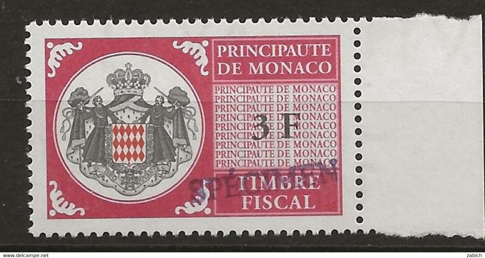 TIMBRES FISCAUX DE MONACO SERIE UNIFIEE N° 99 3Frouge Rare Surchargé Specimen Neuf Gomme Mnh (**) - Fiscales