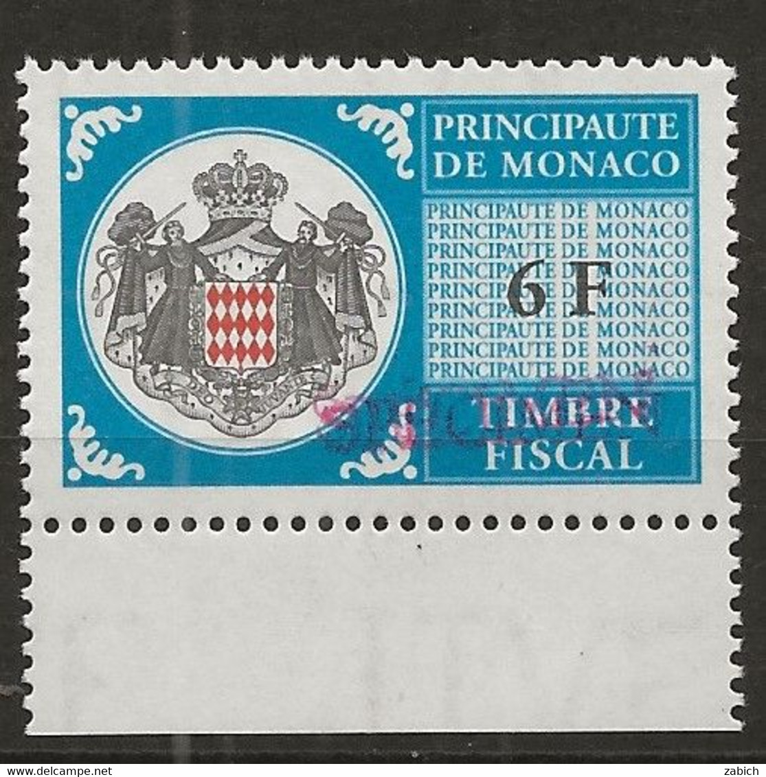 TIMBRES FISCAUX DE MONACO SERIE UNIFIEE N° 101 6F Bleu Rare Surchargé Specimen Neuf Gomme Mnh (**) - Fiscale Zegels