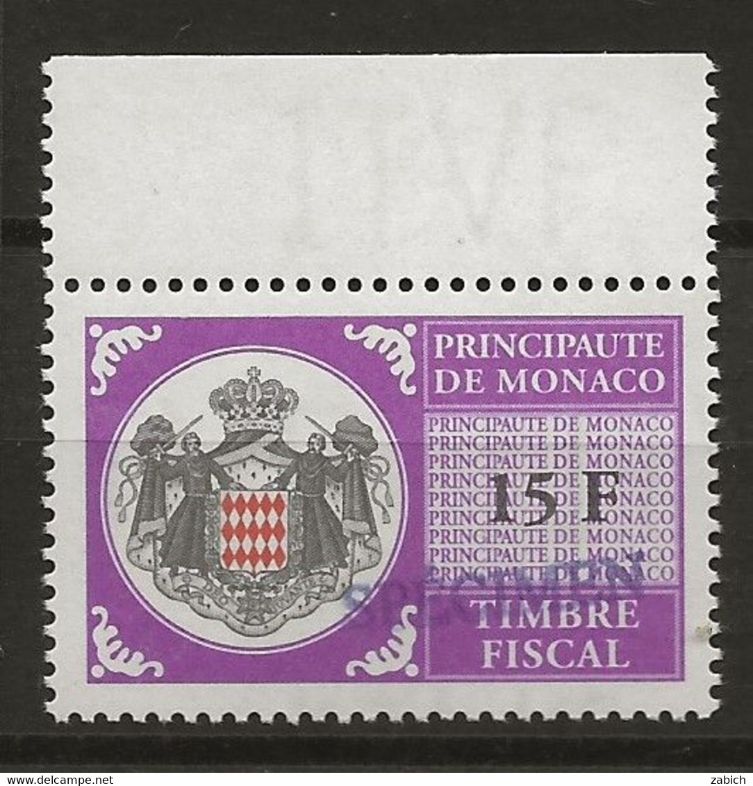 FISCAUX DE MONACO SERIE UNIFIEE N° 103 15 F Violet Rare Surchargé Spécimen Neuf Gomme Mnh (**) - Fiscale Zegels