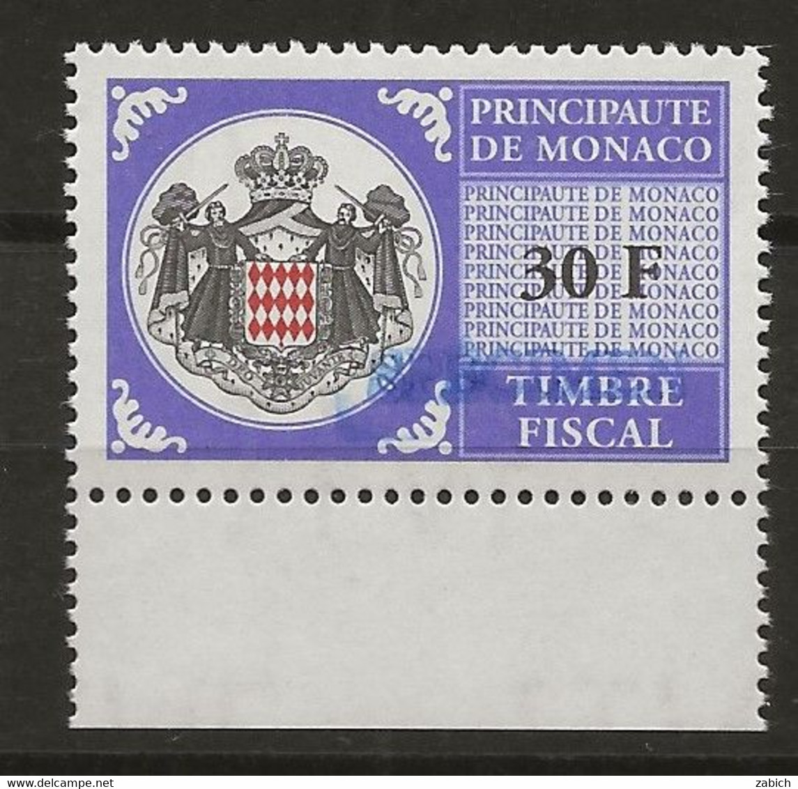FISCAUX DE MONACO SERIE UNIFIEE N° 104 30 F Violet Bleu Rare Surchargé Spécimen Neuf Gomme Mnh (**) - Fiscales