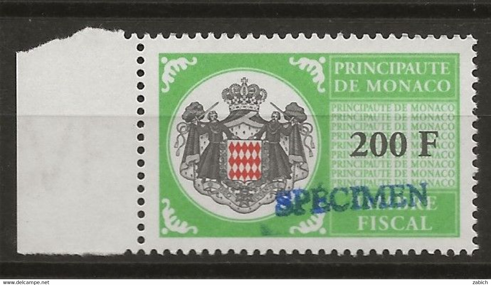 FISCAUX DE MONACO SERIE UNIFIEE N° 108 200 F Vert Jaune Rare Surchargé Spécimen Neuf Gomme Mnh (**) - Fiscaux