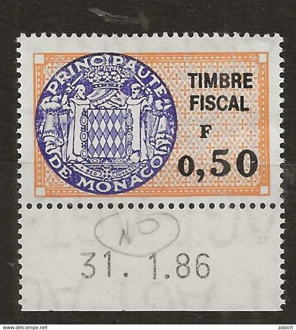 TIMBRES FISCAUX DE MONACO SERIE UNIFIEE N°75  50 C Orange, Lilas Et Noir  Coin Daté Du 31 1 86 Neuf Gomme Mnh (**) - Fiscale Zegels