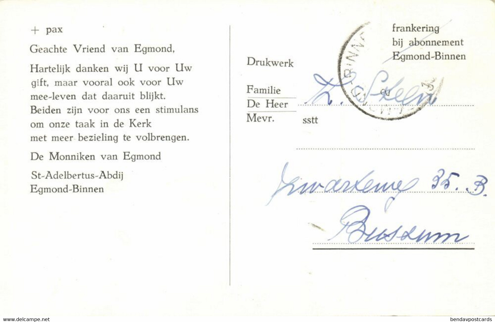 Nederland, EGMOND Binnen, St.-Adelbertus Abdij (1960s) Ansichtkaart - Egmond Aan Zee