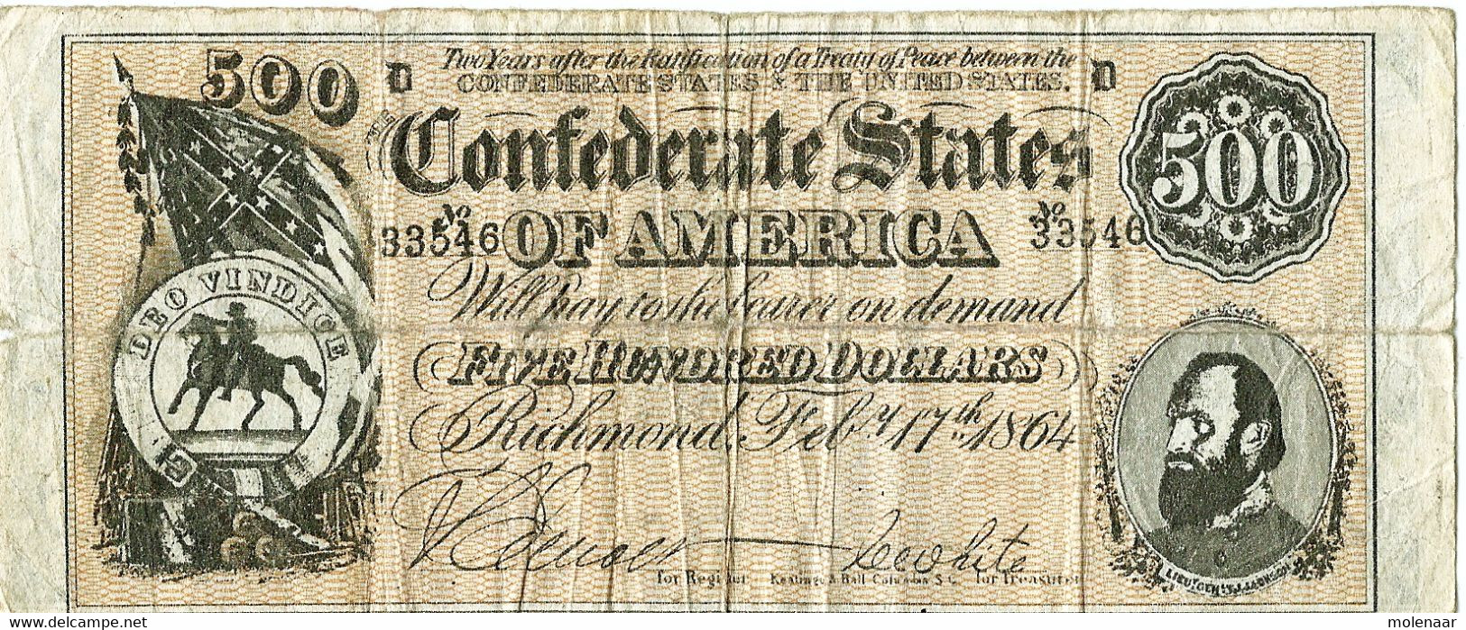 Confederate States Of America  500 $ Richmond  Feb-17th-1864 Gebruikt (3182) - Otros & Sin Clasificación