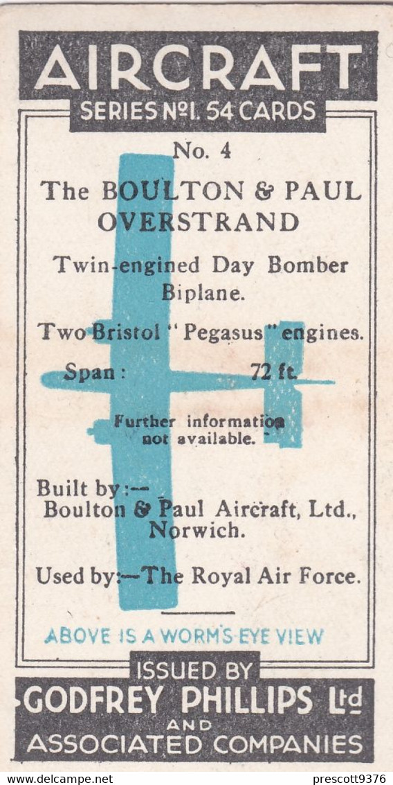 4 Boulton & Paul Overstrand - Aircraft Series 1938 - Godfrey Phillips Cigarette Card - Original - Military - Travel - Phillips / BDV