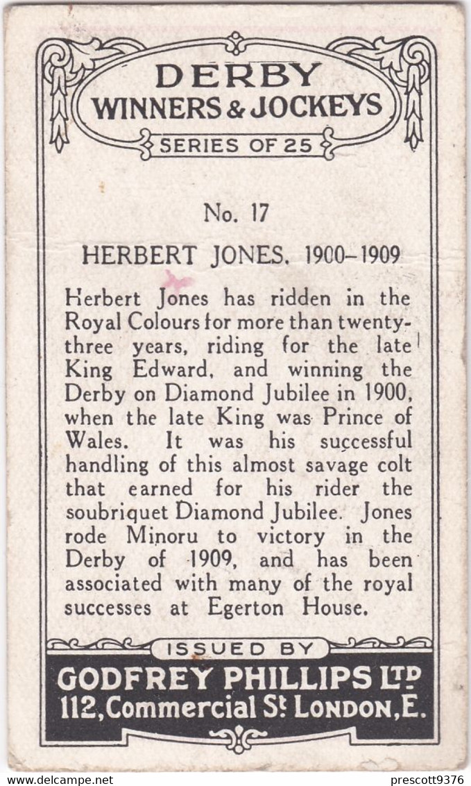 17 Herbert Jones - Derby Winners & Jockeys 1923 - Godfrey Phillips Cigarette Card - Original - Sport - Horses - Racing - Phillips / BDV