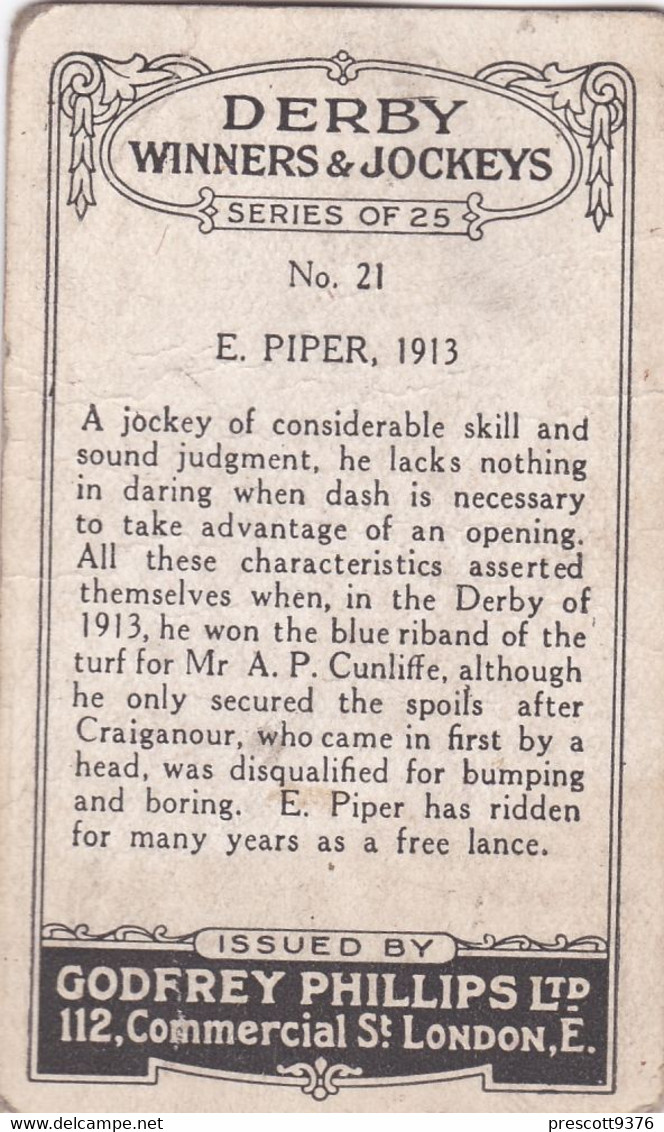 21 E. Piper - Derby Winners & Jockeys 1923 - Godfrey Phillips Cigarette Card - Original - Sport - Horses - Racing - Phillips / BDV
