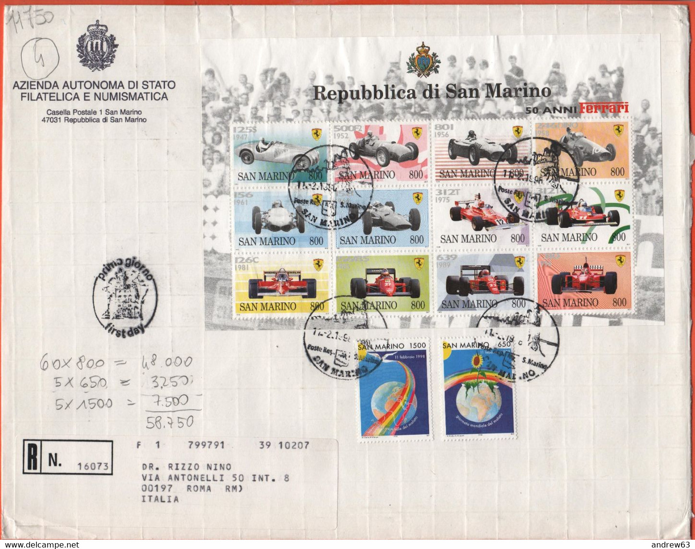 SAN MARINO - 1998 - BF58 50 Anni Di Ferrari + Giornata Mondiale Del Malato - FDC - Azienda Autonoma Di Stato - RACCOMAND - FDC