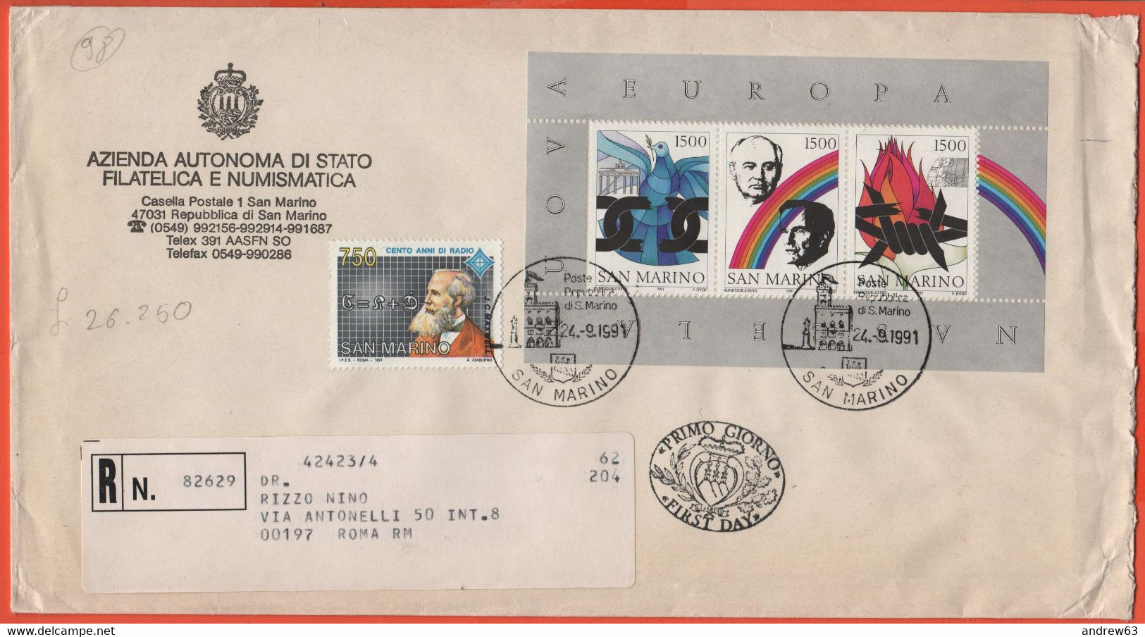 SAN MARINO - 1991 - Centenario Della Radio, 1ª Emissione + BF45 Nasce La "Nuova Europa" - FDC - Azienda Autonoma Di Stat - FDC