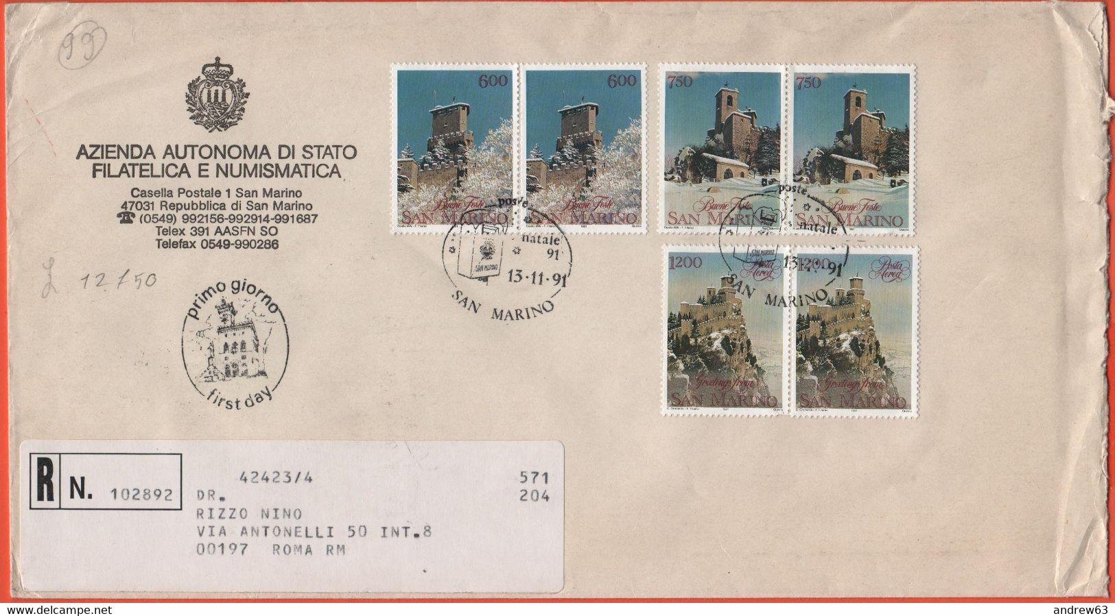 SAN MARINO - 1991 - 2 X Natale + 2 X Natale Posta Aerea - FDC - Azienda Autonoma Di Stato - RACCOMANDATA - FDC