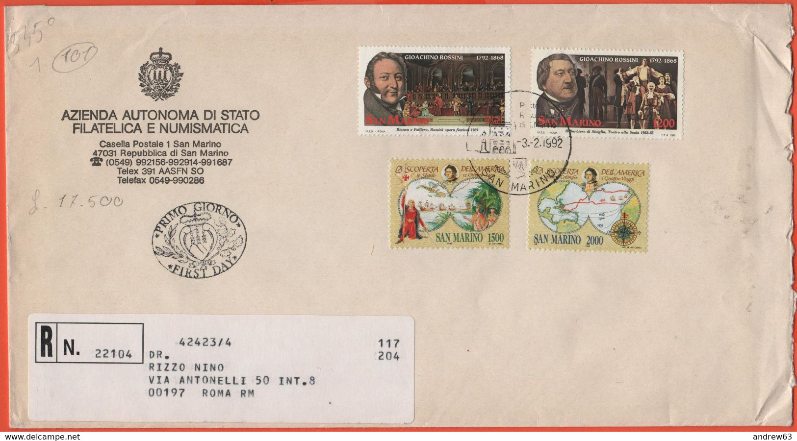SAN MARINO - 1992 - Celebrazioni Colombiane, 3ª Emissione + Bicentenario Nascita Di Gioachino Rossini - FDC - Azienda Au - FDC