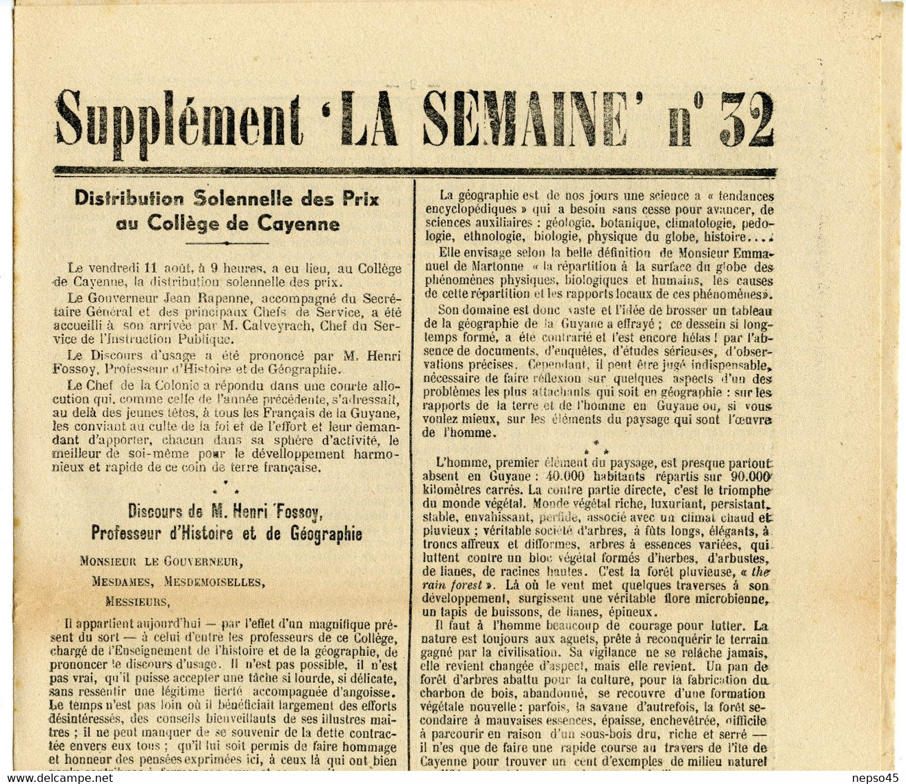 Période Jean Rapenne Gouverneur Guyane 1944.imprimerie Du Gouvernement.Cayenne.journal Supplément " La Semaine " N° 32. - Altri & Non Classificati