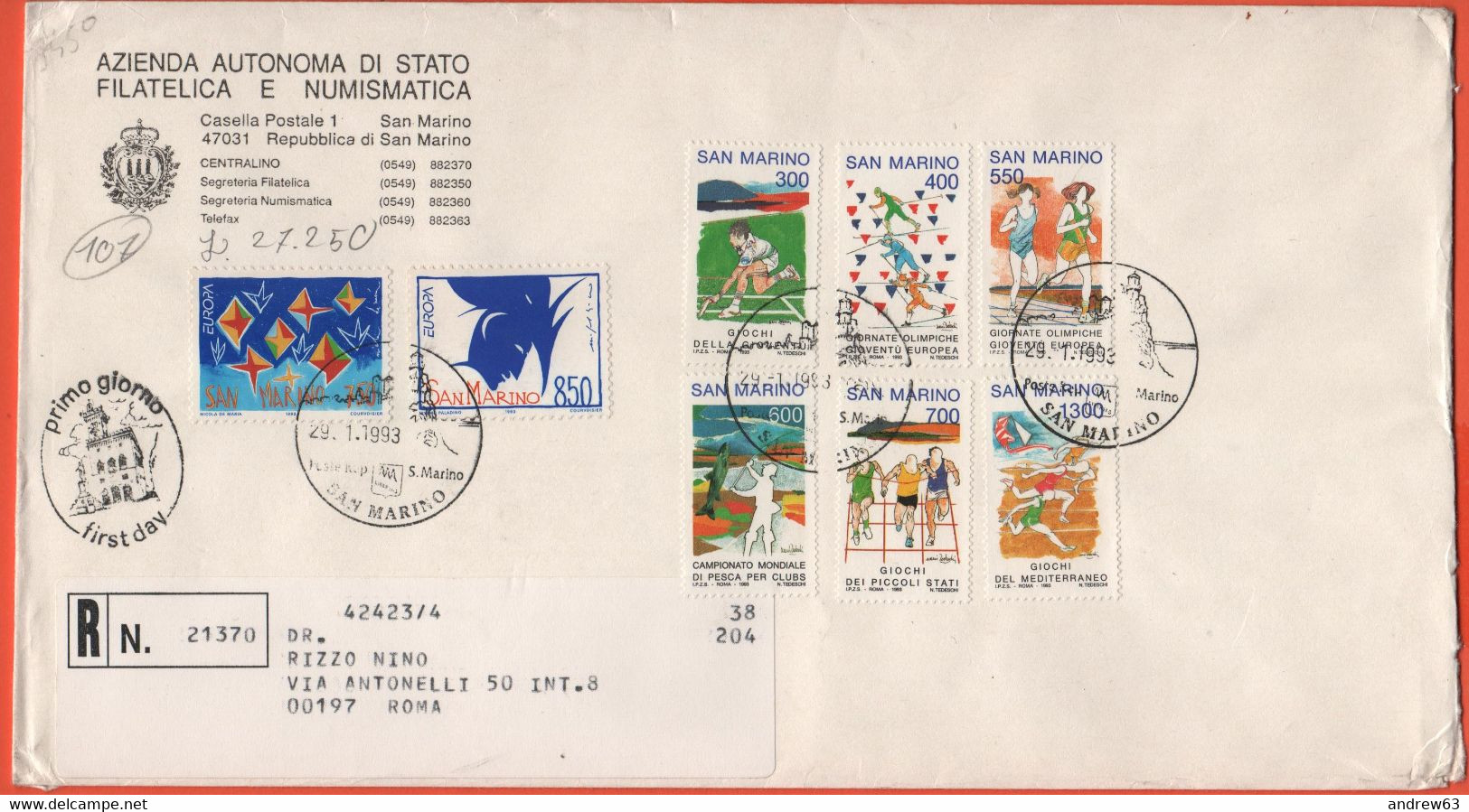 SAN MARINO - 1993 - Europa Cept + Avvenimenti Sportivi - FDC - Azienda Autonoma Di Stato - RACCOMANDATA - FDC