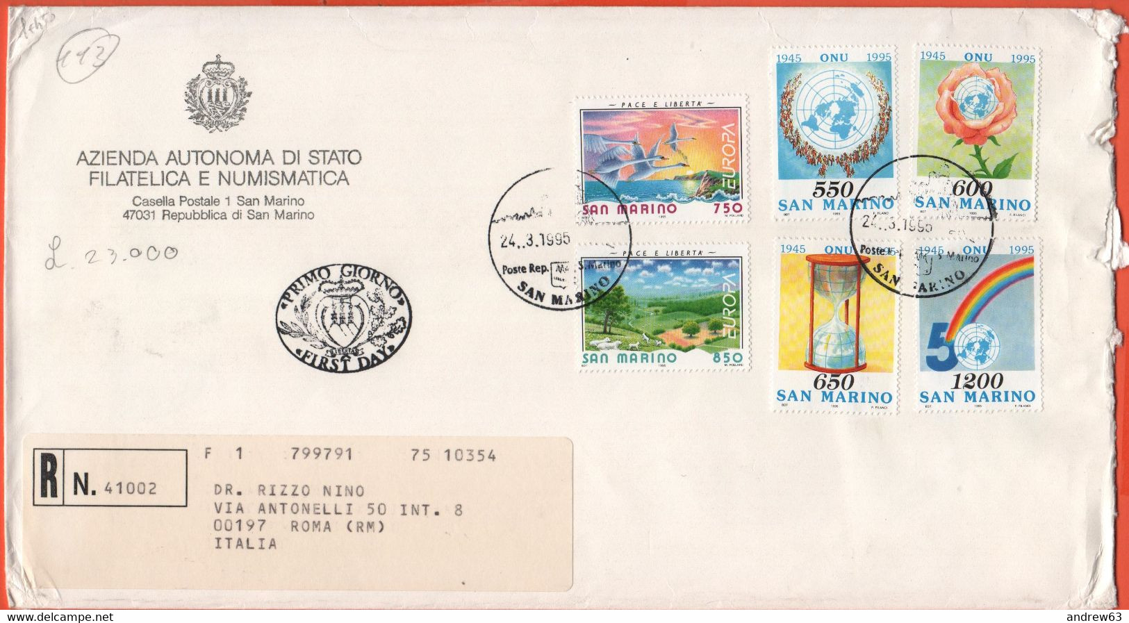 SAN MARINO - 1995 - Europa Cept + 50º Anniversario Dell' ONU + Il Gazebo Sul Retro - FDC - Azienda Autonoma Di Stato - R - FDC