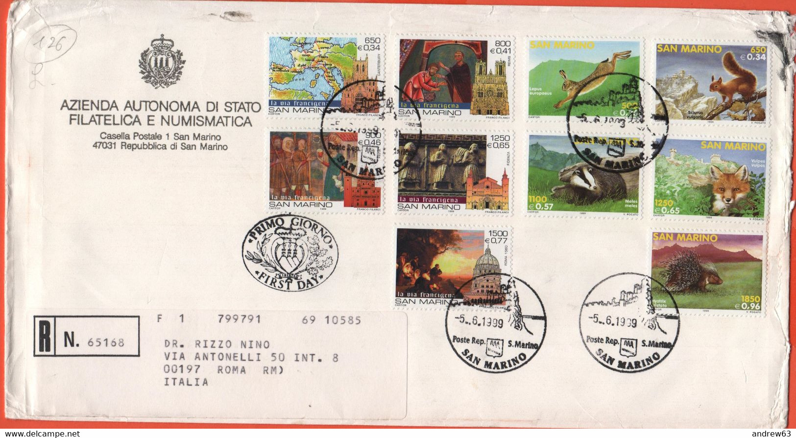 SAN MARINO - 1999 - Fauna Di San Marino + Giubileo Del 2000 - FDC - Azienda Autonoma Di Stato - RACCOMANDATA - FDC