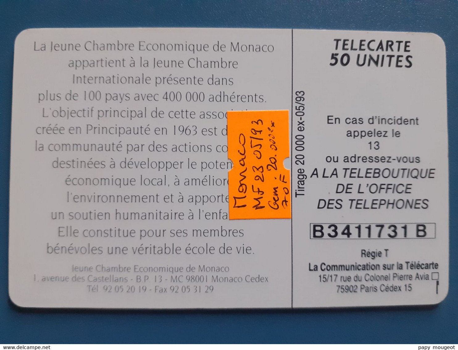 MF28 50U GEM 05/93 20.000 30e Anniversaire De La Jeune Chambre économique De Monaco - Monaco