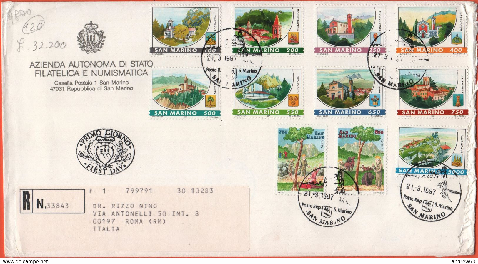 SAN MARINO - 1997 - Castelli Di San Marino + Europa Cept - FDC - Azienda Autonoma Di Stato - RACCOMANDATA - FDC