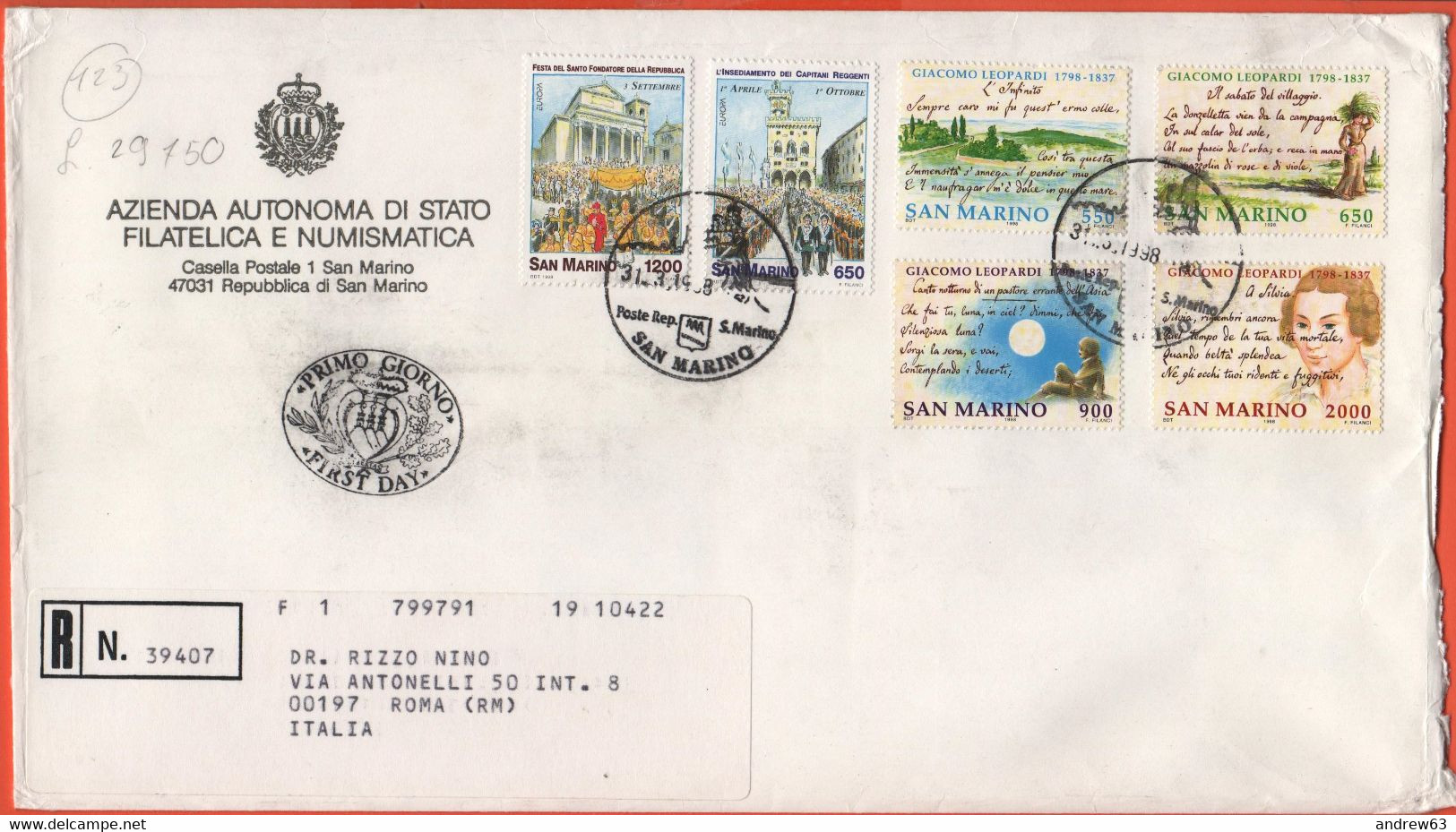 SAN MARINO - 1998 - Europa Cept + Bicentenario Della Nascita Di Giacomo Leopardi + 2 Francobolli Sul Retro - FDC - Azien - FDC