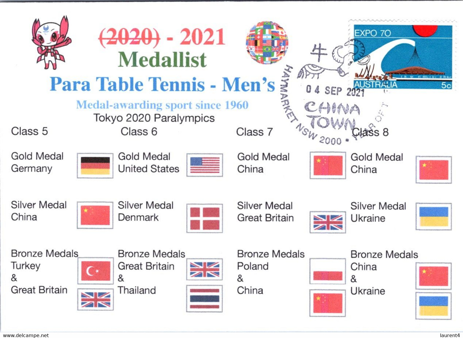 (2 A 9) 2020 Tokyo Paralympic - Medal Cover Postmarked Haymarket - Men's Para Table Tennis - Sommer 2020: Tokio